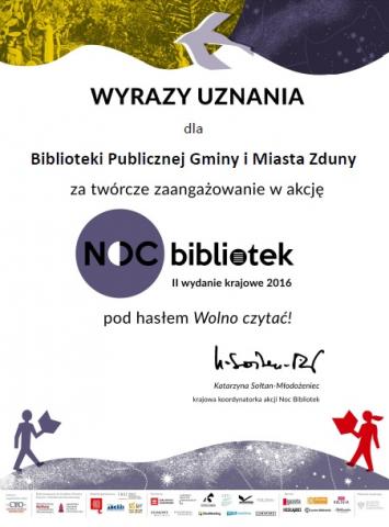 Dyplom uznania za organizację Nocy Bibliotek